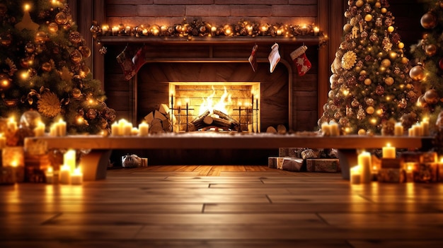 Drzewo bożonarodzeniowe jest oświetlone przez kominek z oświetlonym kominem i choinką na lewo.