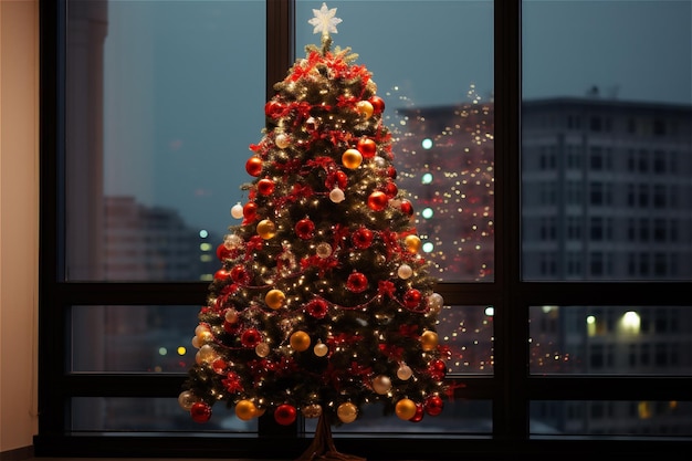 Drzewo bożonarodzeniowe ozdobione czerwonymi szklanymi kulkami w pokoju festiwalowy nastrój pozytywne emocje