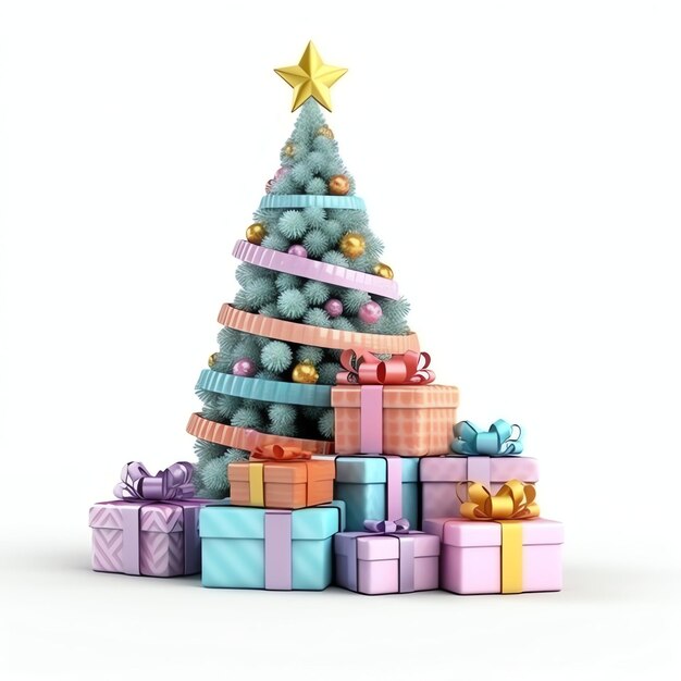 Drzewo bożonarodzeniowe ozdobione światłem i pudełkami z prezentami na białym tle Nowy rok i Wesołych Świąt
