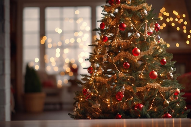 Drzewo bożonarodzeniowe ozdobione wieloma ozdobami ozdoby wnętrza drzewa i tło wygenerowane przez AI