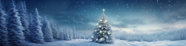 Drzewo bożonarodzeniowe stoi pośrodku śnieżnych pól selektywne skupienie Generatywna sztuczna inteligencja