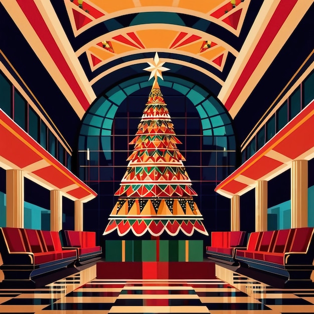 Drzewo bożonarodzeniowe w budynku lobby biznes korporacyjny Boże Narodzenie w luksusowym stylu retro art deco