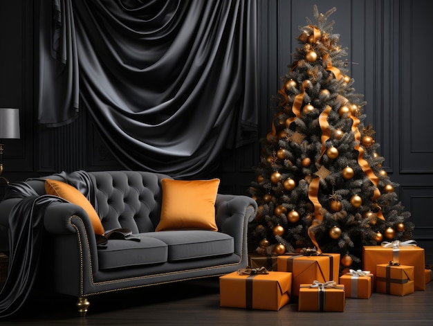 Drzewo bożonarodzeniowe w czarnym pomieszczeniu Mockups Design 3D Highquality Mockups Generative Ai