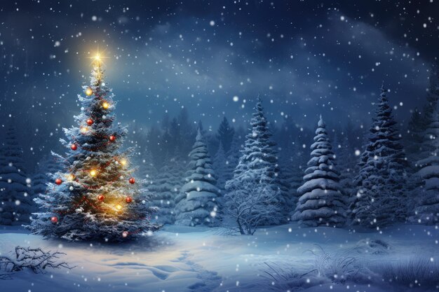 Drzewo bożonarodzeniowe w pokrytym śniegiem lesie w nocy