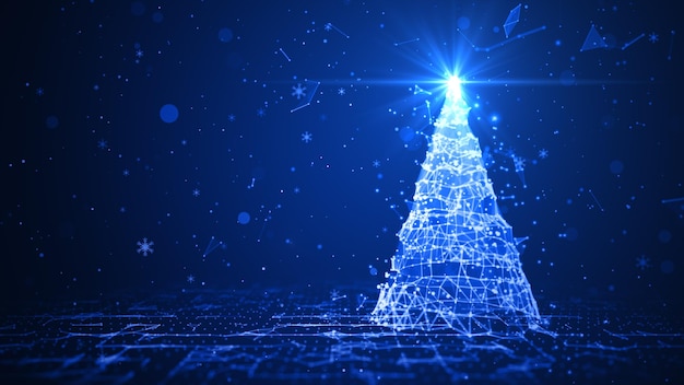 Zdjęcie drzewo bożonarodzeniowe z błyszczącym światłem z cząstkami spadającymi płatkami śniegu i gwiazdami 3d rendering niebieskiego tła wesołych świąt koncepcja prezentów kartek powitalnych