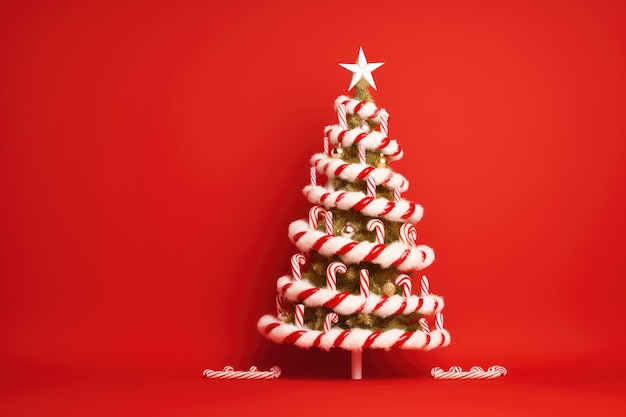 Drzewo bożonarodzeniowe z cukierkami na czerwonym tle ilustracja 3d