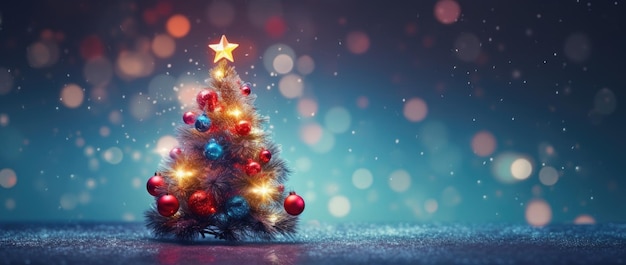 Drzewo bożonarodzeniowe z czerwonymi i złotymi kulkami na ciemno niebieskim tle 3D
