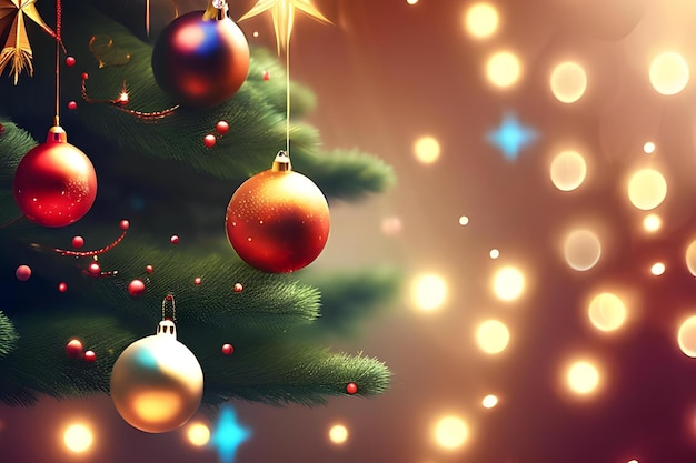 Drzewo bożonarodzeniowe z czerwonymi złotymi ozdobami i klejnotami na niewyraźnym tle światła bokeh Generatywna sztuczna inteligencja