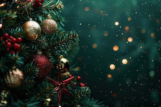 Drzewo bożonarodzeniowe z dekoracjami na zielonym tle Uroczystość świąteczna