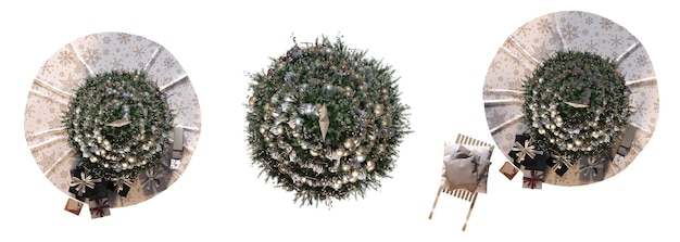 Drzewo bożonarodzeniowe z ozdobami izolowanymi na białym tle ilustracja 3D cg render