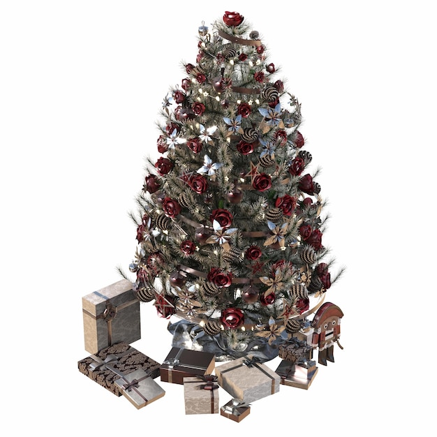 Drzewo bożonarodzeniowe z ozdobami izolowanymi na białym tle ilustracja 3D cg render
