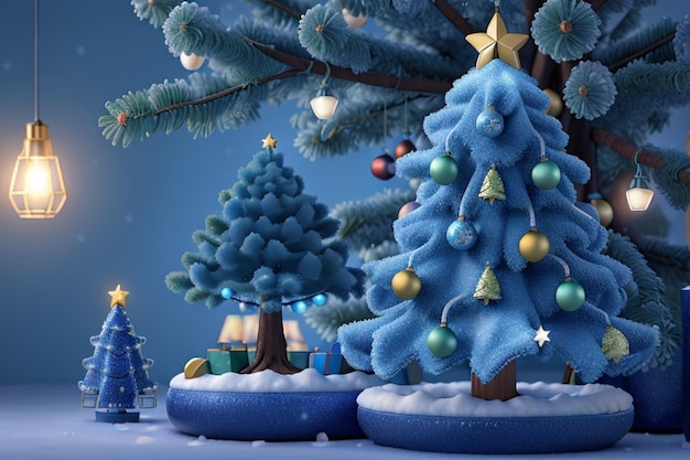 Zdjęcie drzewo bożonarodzeniowe z ozdobami w kolorze niebieskim i światłami bokeh prawdziwe gałęzie sosny z błyszczącymi abstrakcjami