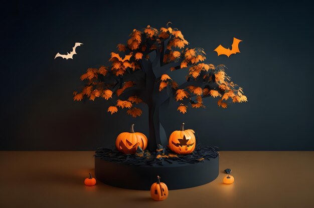 drzewo halloween na podium papierowy styl sztuki ai wygenerowane tło