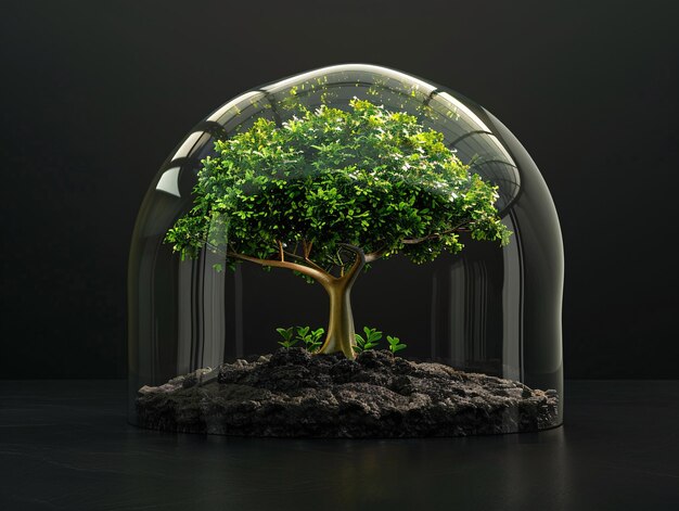 Drzewo jest wewnątrz szklanej kopuły.