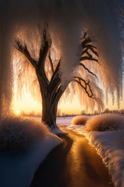 Drzewo, które stoi w śniegu generatywnego ai