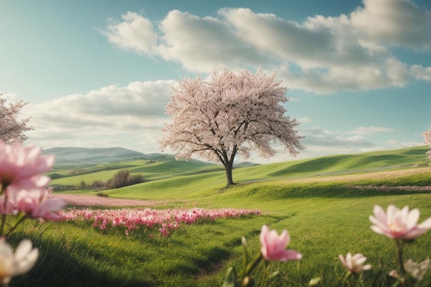 Drzewo kwiat wiśni na polu wiosny Krajobraz wiosenny