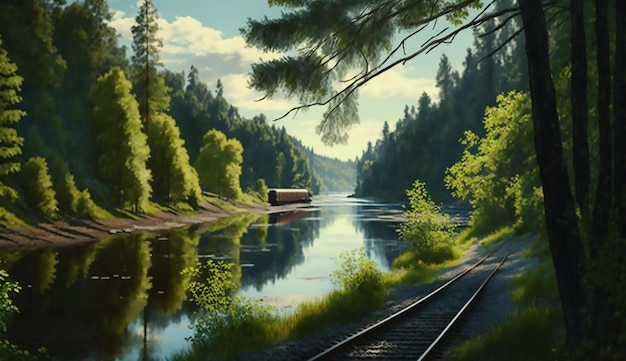Zdjęcie drzewo leśne i rzeka wzdłuż linii kolejowej w lecie