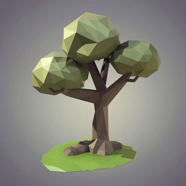 Drzewo low poly z zielonymi liśćmi i białym tłem.