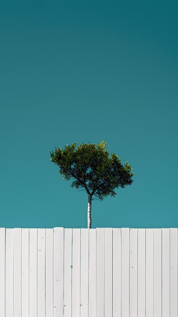 Drzewo na białym ogrodzeniu na tle niebieskiego nieba Minimalna koncepcja