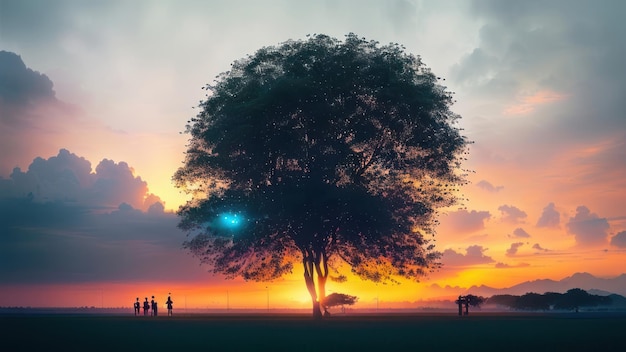 Drzewo na polu z zachodem słońca i ludźmi stojącymi w tle
