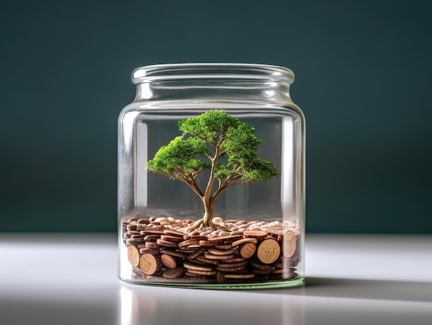 Drzewo na szklanym słoju z monetami