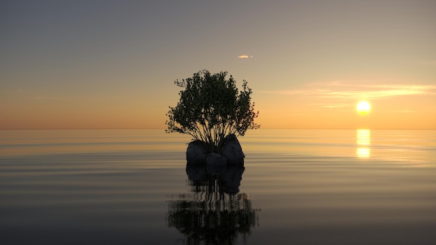 drzewo na wyspie pośrodku jeziora pi?kny krajobraz Renderowanie cg ilustracji 3D