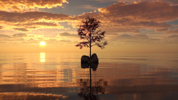 Zdjęcie drzewo na wyspie pośrodku jeziora pi?kny krajobraz renderowanie cg ilustracji 3d