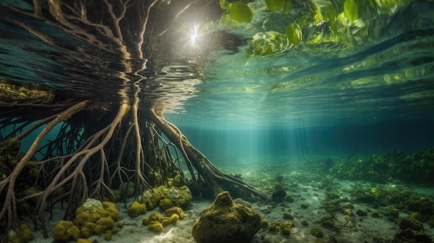 Drzewo namorzynowe i korzenie pod powierzchnią wody zielone liście dzięki technologii Generative AI