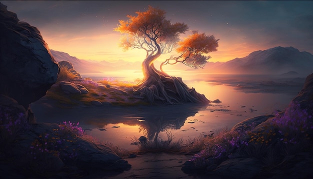 drzewo o zachodzie słońca, tapeta medytacyjna