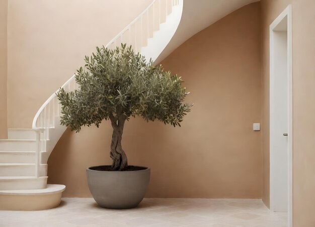 Drzewo oliwne w dużym garnku obok białych schodów w pokoju z beżowymi ścianami