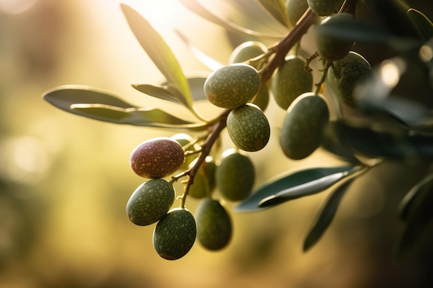 Drzewo oliwne z efektem bokeh owoców w tle Zbliżenie makro