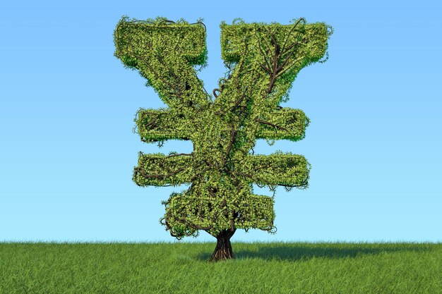 Zdjęcie drzewo pieniężne w kształcie symbolu jena lub juana na zielonej trawie na tle niebieskiego nieba renderowanie 3d