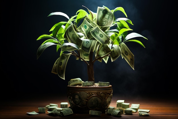 Zdjęcie drzewo pieniężne z pieniędzmi spadającymi z gałęzi w garnku generatywna sztuczna inteligencja