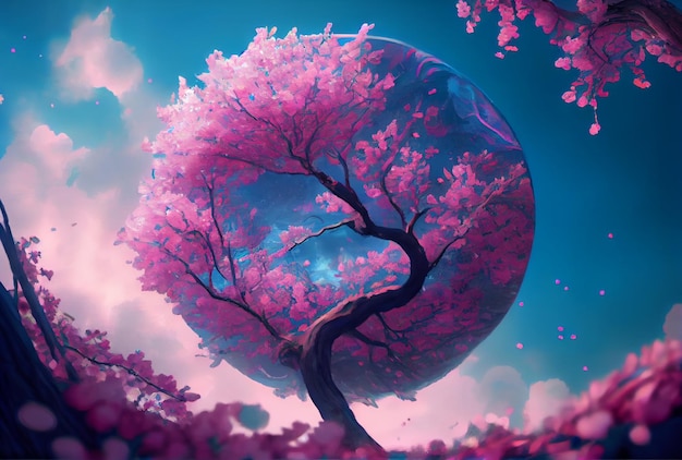 Drzewo Pink Cherry Blossom na ziemi z niebieskim tle nieba Generative AI