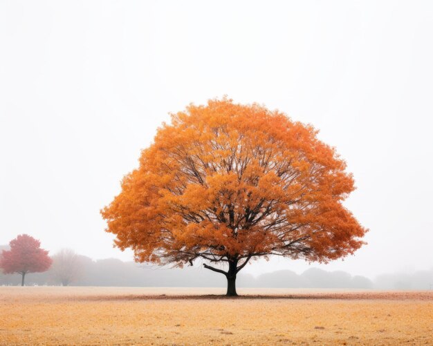 drzewo pomarańczowe stoi samotnie na mglistym polu