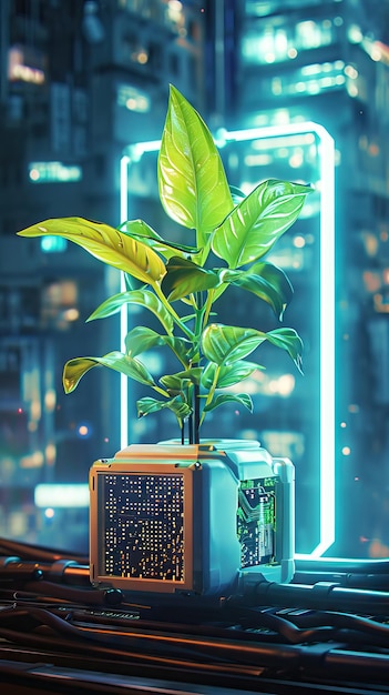 Zdjęcie drzewo rosnące na punkcie zbieżności płyty obwodowej komputera zielona technologia obliczeniowa it csr i etyka it koncepcja zielonej technologii ai generowana ilustracja