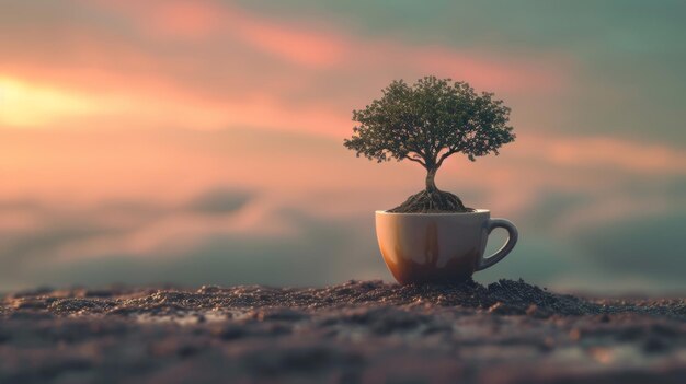 Drzewo rosnące z filiżanki kawy o wschodzie słońca
