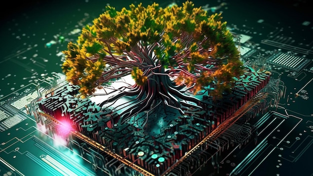 Zdjęcie drzewo rośnie w punkcie zbieżności płytki drukowanej komputera natura w dobie konwergencji cyfrowej i technologicznej generative ai