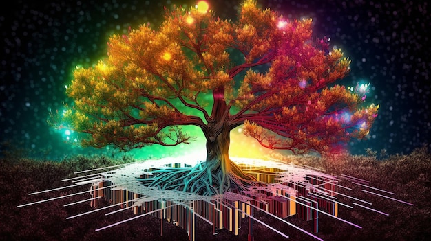 Drzewo rośnie w punkcie zbieżności płytki drukowanej komputera Natura w dobie konwergencji cyfrowej i technologicznej Generative AI