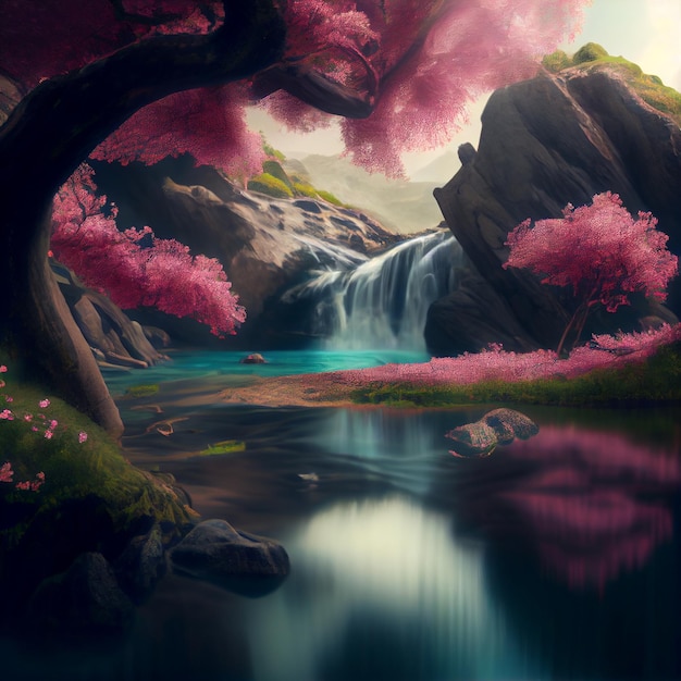 Drzewo sakura kwiat wiśni z różowymi kwiatami i ilustracją krajobrazu wodospadu
