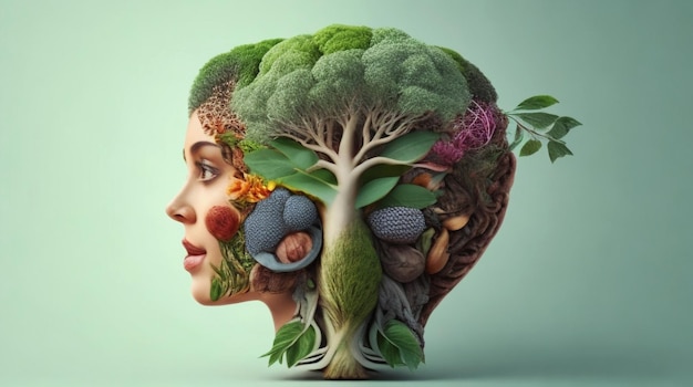 Drzewo twarzy kobiety z przyborami kuchennymi w środku mózgu