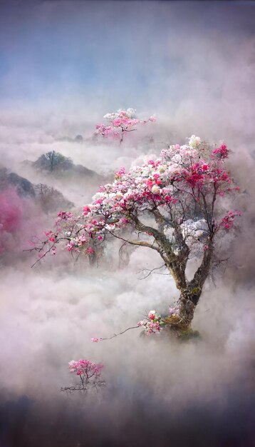 Drzewo w chmurach z tytułem „kwiat wiśni”