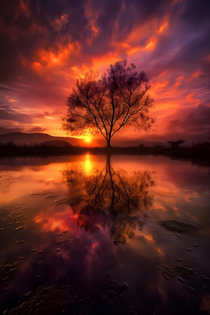 Drzewo w jeziorze z niebem i odbijającym się od niego słońcem.