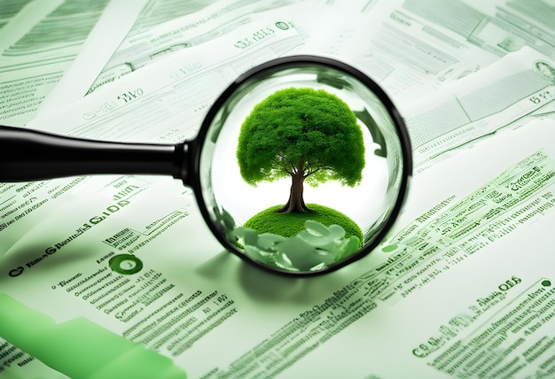 Zdjęcie drzewo w lupie i zielony glob zielone pomysły biznesowe finansy