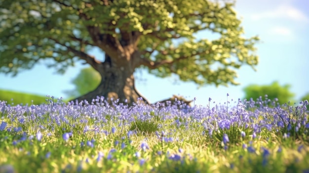 Drzewo w polu niebieskich kwiatów
