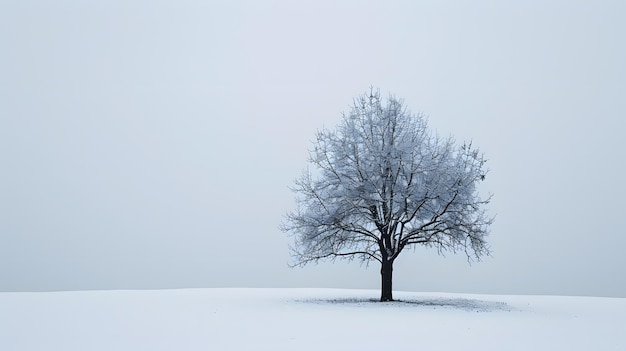 drzewo w śnieżnym polu z mglistym niebem na tle