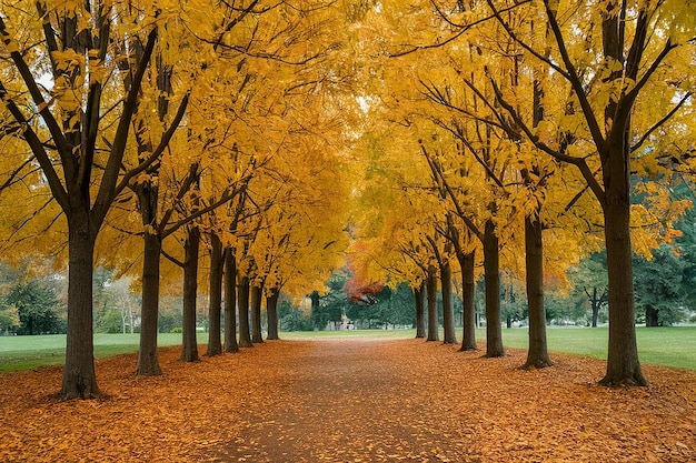 drzewo wyłożone drogą z żółtymi liśćmi po prawej stronie