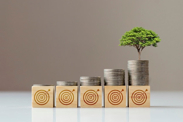 Drzewo wyrasta z monety znajdującej się na kwadratowym drewnianym bloku oraz ikony celu, koncepcji celu finansowego i sukcesu finansowego.