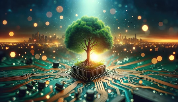 Drzewo wyrastające z mikroczipu na płytce obwodowej przedstawia połączenie przyrody i technologii w koncepcji zrównoważonego rozwoju