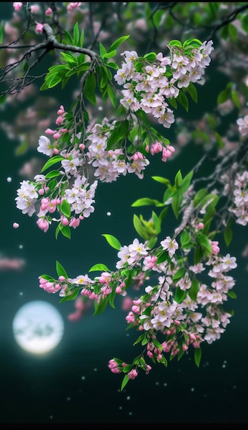 Drzewo z białymi i różowymi kwiatami przed generatywnym ai pełni księżyca